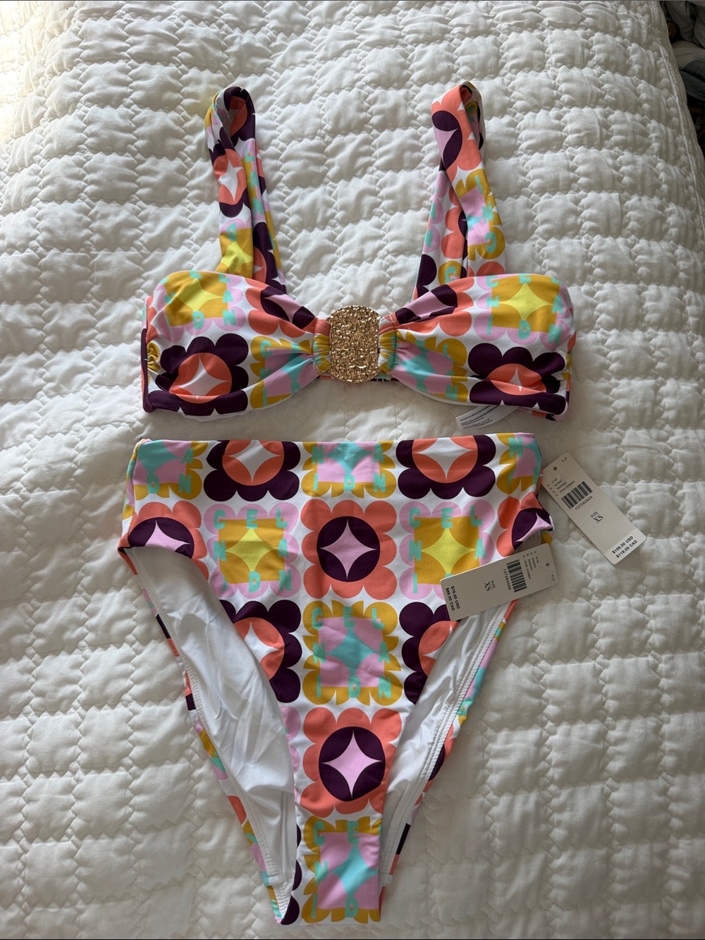 NWT Geo-Print Bikini Set with Gold Buckle - Multicolor